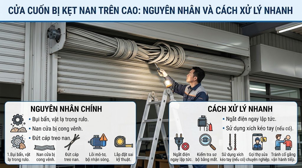 Dấu hiệu cửa cuốn bị kẹt nan trên cao khiến lá nan xô lệch biến dạng