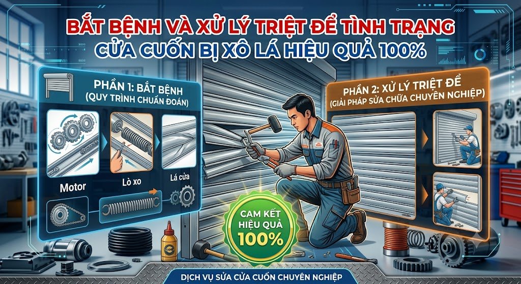 Biến dạng nan nhôm cong gập do cửa cuốn xô lá hỏng bọ nhựa