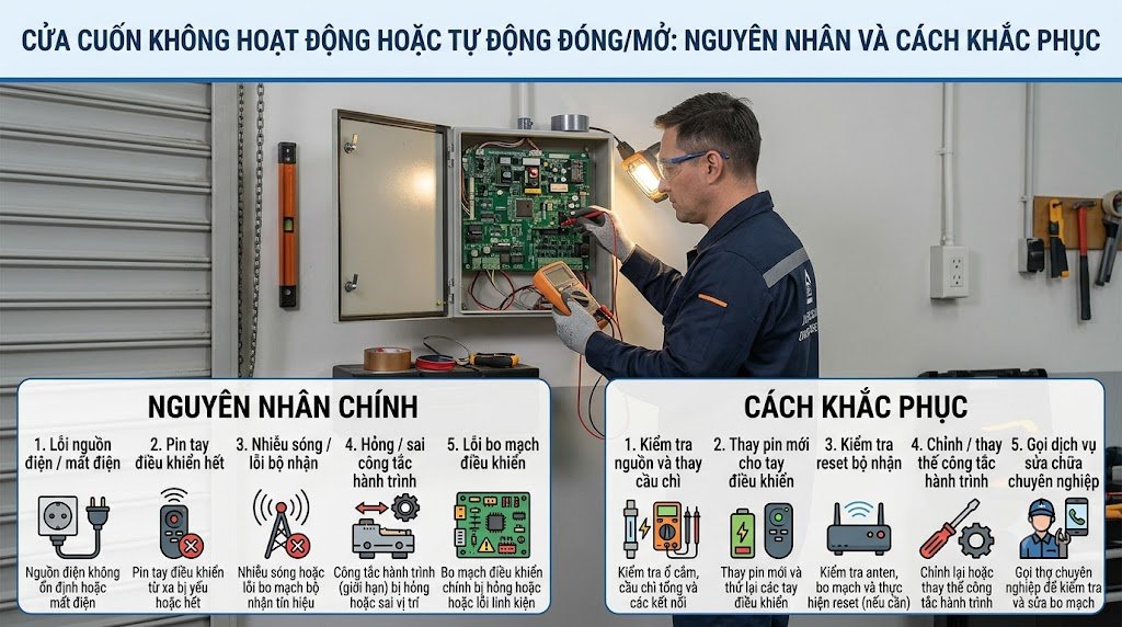 Kỹ thuật viên bảo dưỡng vệ sinh ray dẫn hướng chống kẹt nan cửa cuốn