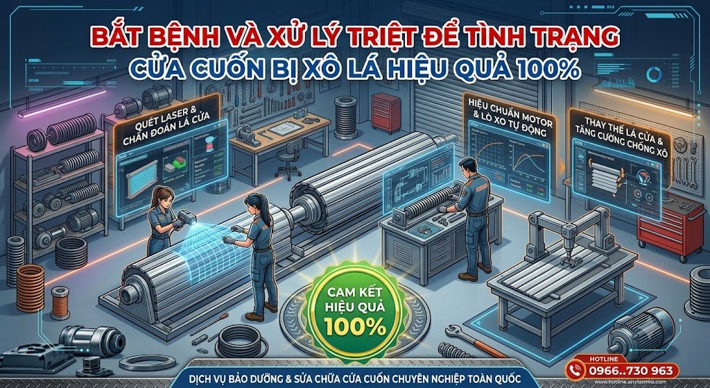 Thợ kỹ thuật sửa cửa cuốn xô lá xổ lô căn chỉnh lại hành trình