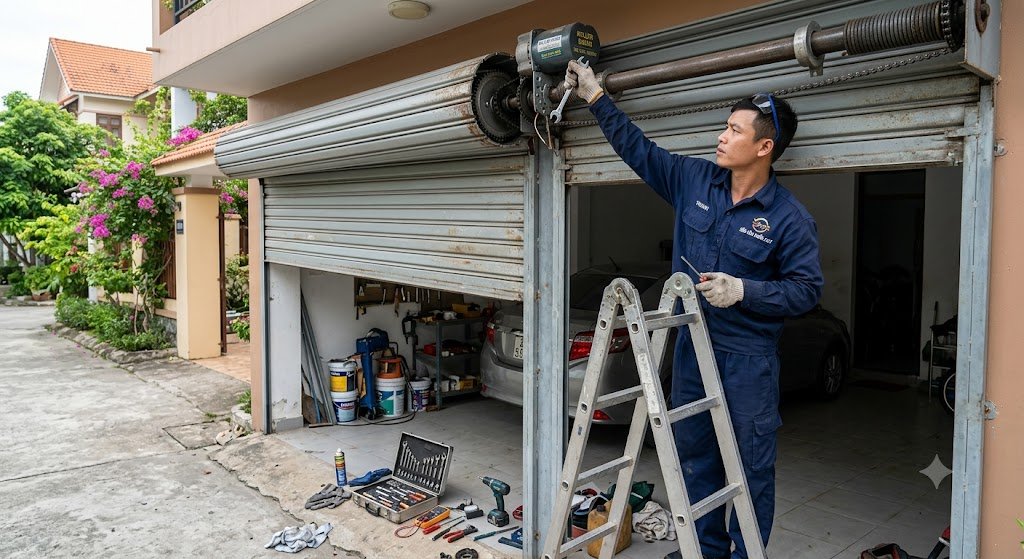 Kỹ thuật viên kiểm tra mức độ rơ của vòng bi và bánh xe cửa cuốn